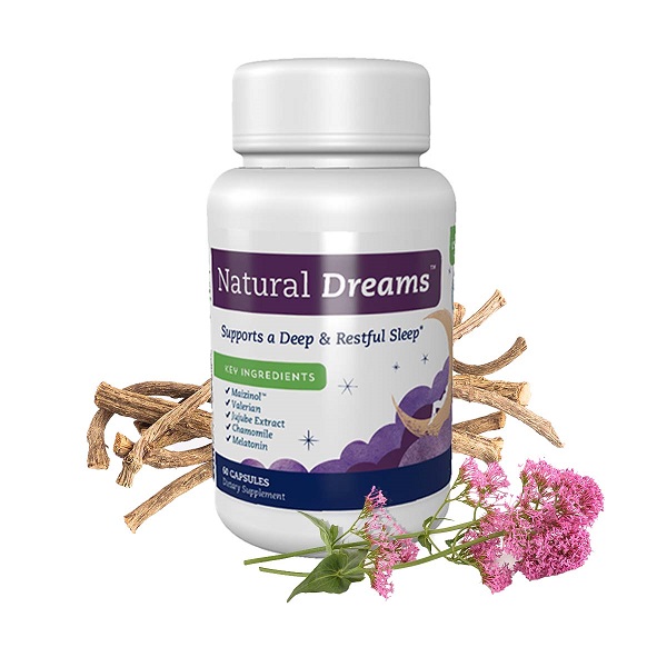 Natural Dreams bottle with main ingredients laying around the bottle